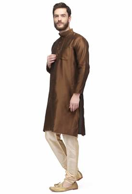 Designer men's chocolate brown silk kurta pajama set 2