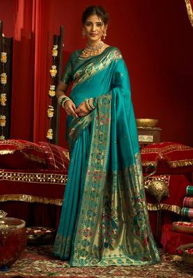 Teal blue silk butti motifs woven work paithani saree 1