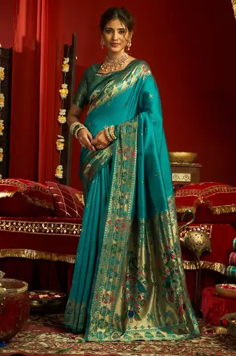 Teal blue silk butti motifs woven work paithani saree