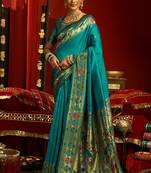 Teal blue silk butti motifs woven work paithani saree
