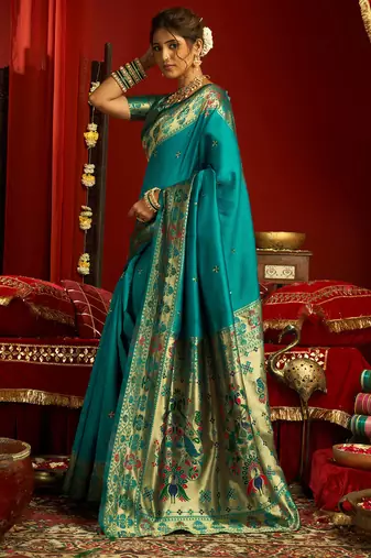 Teal blue silk butti motifs woven work paithani saree