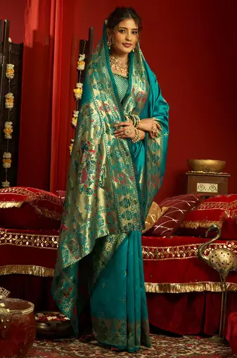 Teal blue silk butti motifs woven work paithani saree