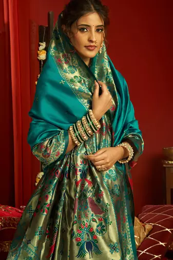 Teal blue silk butti motifs woven work paithani saree
