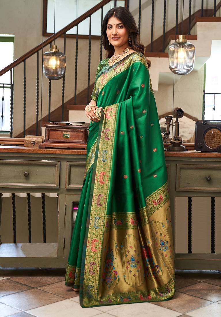 Green silk peacock motifs woven work paithani saree