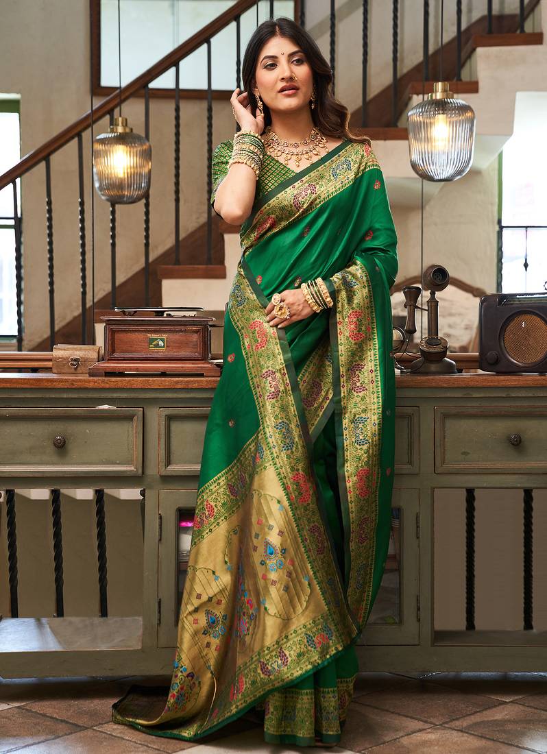 Green silk peacock motifs woven work paithani saree