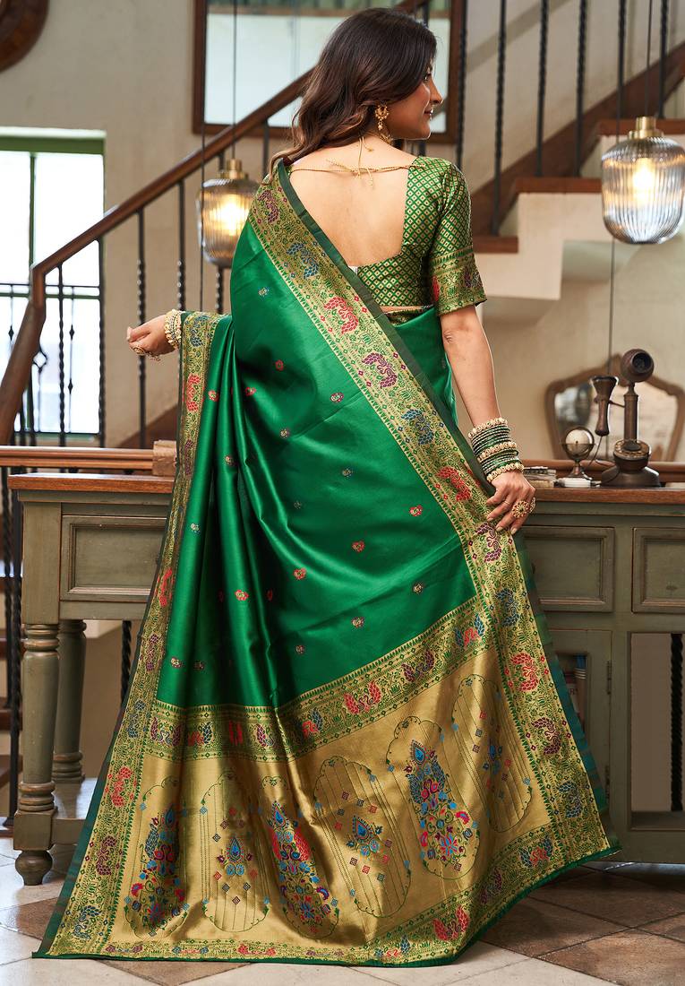 Green silk peacock motifs woven work paithani saree