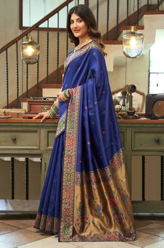 Navy blue silk peacock motifs woven work paithani saree