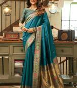 Dark teal silk peacock motifs woven work paithani saree