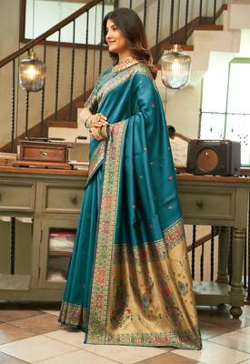 Dark teal silk peacock motifs woven work paithani saree 2