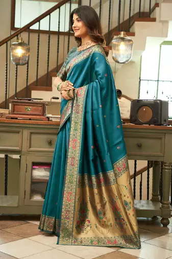 Dark teal silk peacock motifs woven work paithani saree