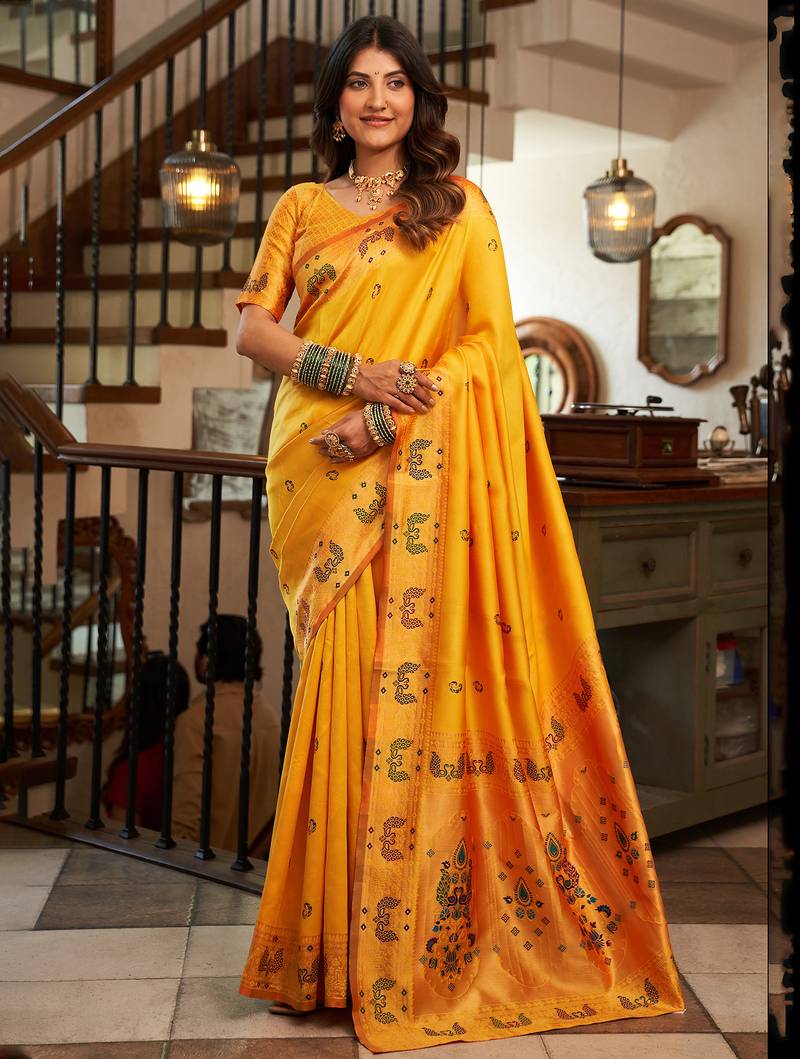 Orange silk peacock motifs woven work paithani saree
