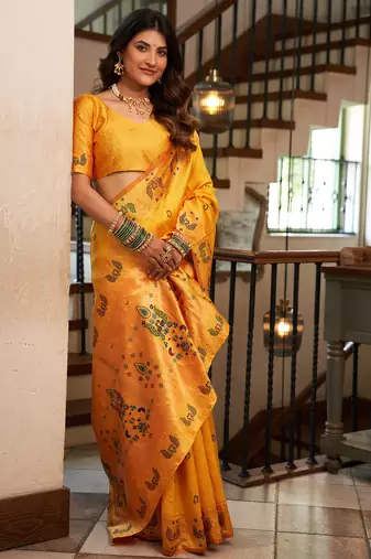 Orange silk peacock motifs woven work paithani saree