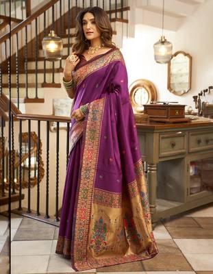 Purple silk peacock motifs woven work paithani saree 1