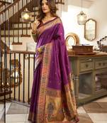 Purple silk peacock motifs woven work paithani saree