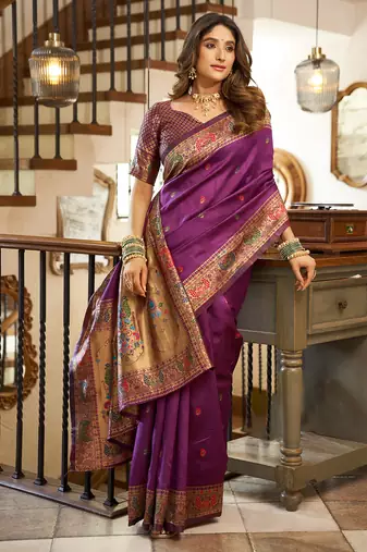 Purple silk peacock motifs woven work paithani saree