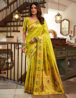 Lime green silk peacock motifs woven work paithani saree 1