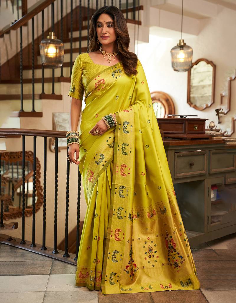 Lime green silk peacock motifs woven work paithani saree