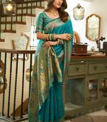 Teal silk peacock motifs woven work paithani saree