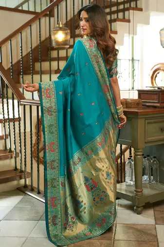 Teal silk peacock motifs woven work paithani saree