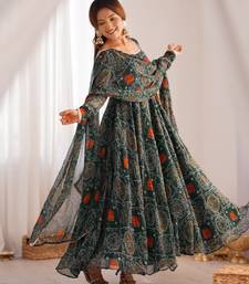 green georgette anarkali suit set with printed work