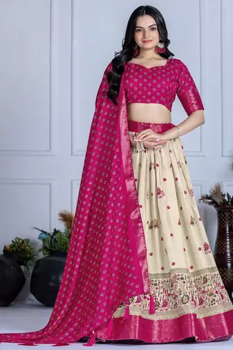 Pink Color Jari Lining With Print Lichi Fabric WIth Jacquard Border Lehanaga Choli Set