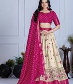Pink Color Jari Lining With Print Lichi Fabric WIth Jacquard Border Lehanaga Choli Set