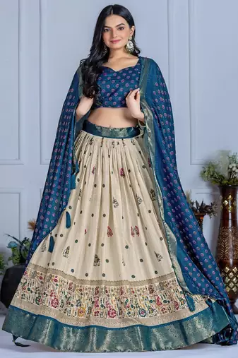 Blue Color Jari Lining With Print Lichi Fabric WIth Jacquard Border Lehanaga Choli Set
