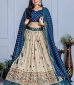 Blue Color Jari Lining With Print Lichi Fabric WIth Jacquard Border Lehanaga Choli Set
