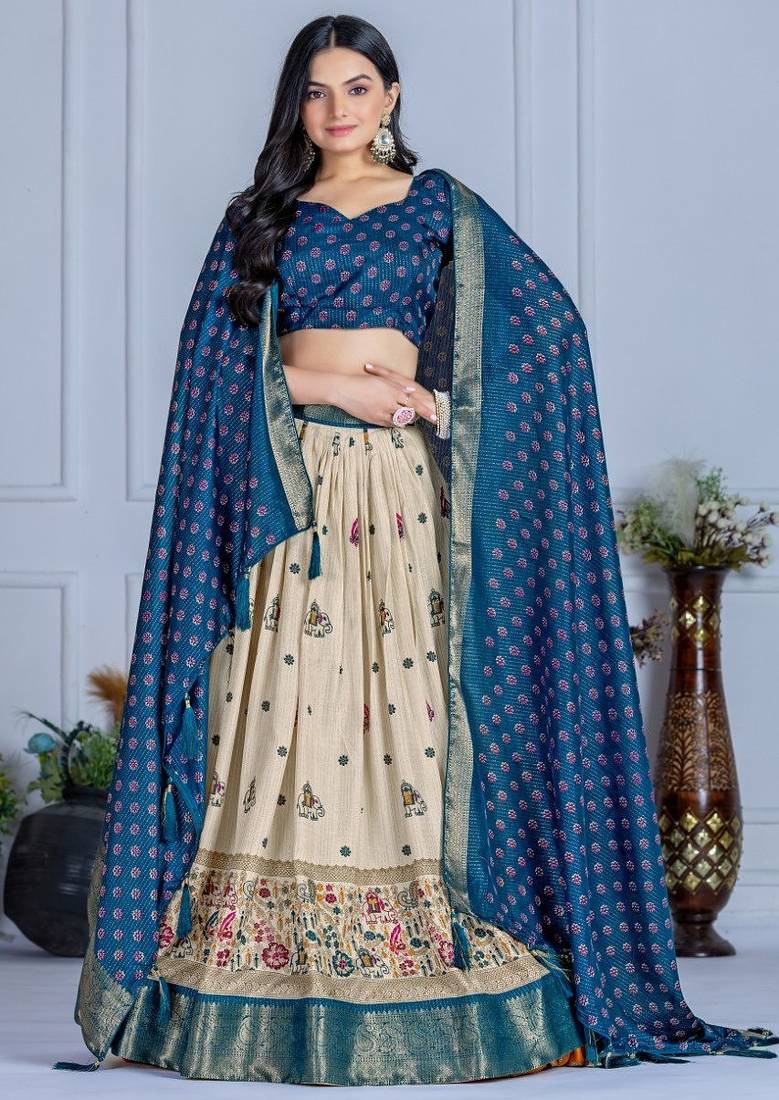 Blue Color Jari Lining With Print Lichi Fabric WIth Jacquard Border Lehanaga Choli Set
