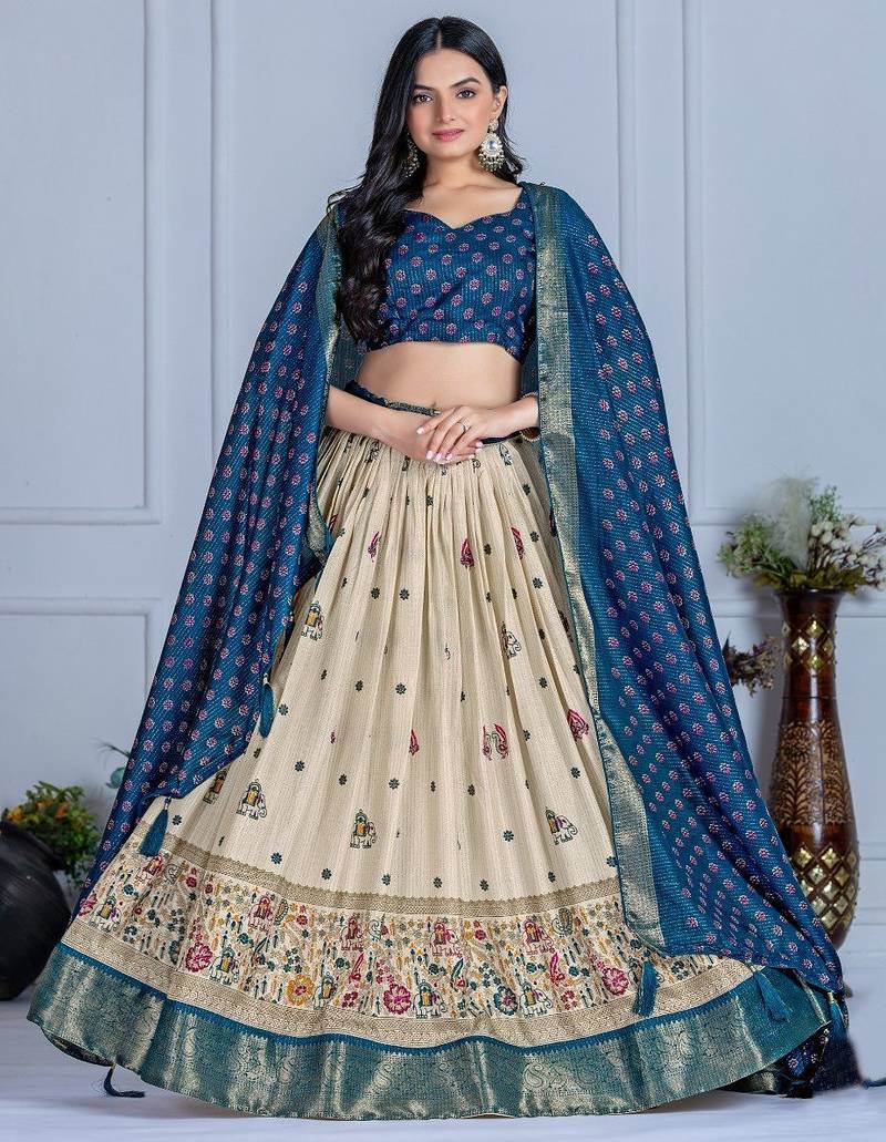Blue Color Jari Lining With Print Lichi Fabric WIth Jacquard Border Lehanaga Choli Set