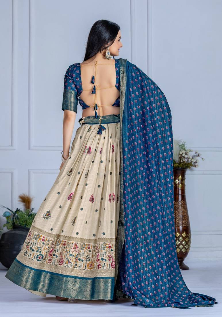 Blue Color Jari Lining With Print Lichi Fabric WIth Jacquard Border Lehanaga Choli Set
