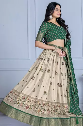 Green Color Jari Lining With Print Lichi Fabric WIth Jacquard Border Lehanaga Choli Set