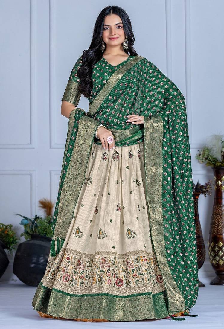 Green Color Jari Lining With Print Lichi Fabric WIth Jacquard Border Lehanaga Choli Set