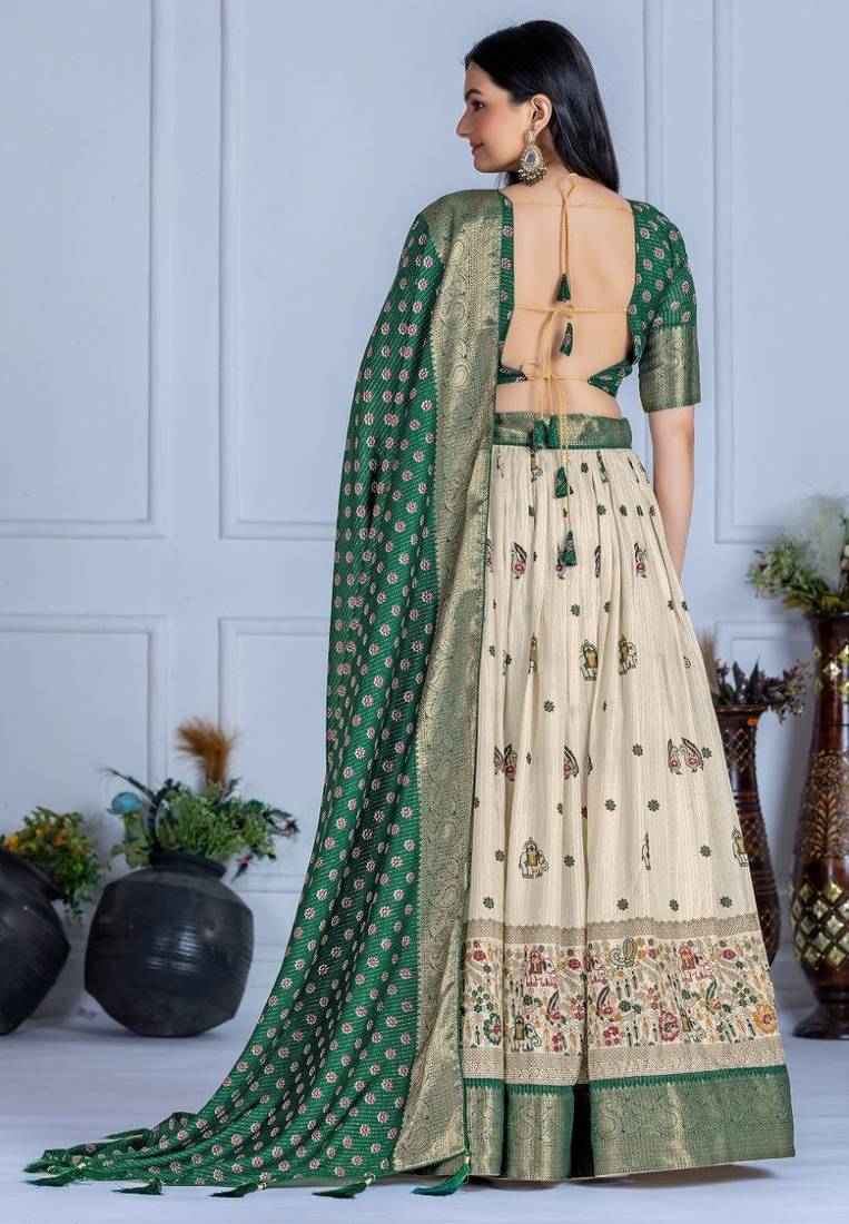 Green Color Jari Lining With Print Lichi Fabric WIth Jacquard Border Lehanaga Choli Set