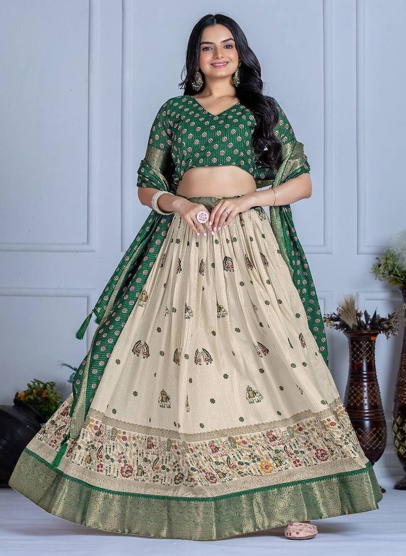 Green Color Jari Lining With Print Lichi Fabric WIth Jacquard Border Lehanaga Choli Set