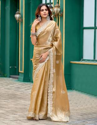 Beige shimmer chiffon geomatric embroidery work bollywood saree 1