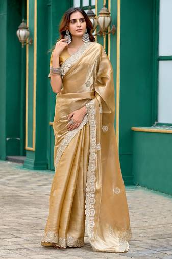Beige shimmer chiffon geomatric embroidery work bollywood saree