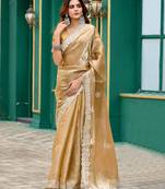 Beige shimmer chiffon geomatric embroidery work bollywood saree