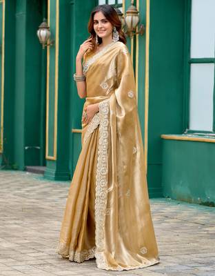 Beige shimmer chiffon geomatric embroidery work bollywood saree 2