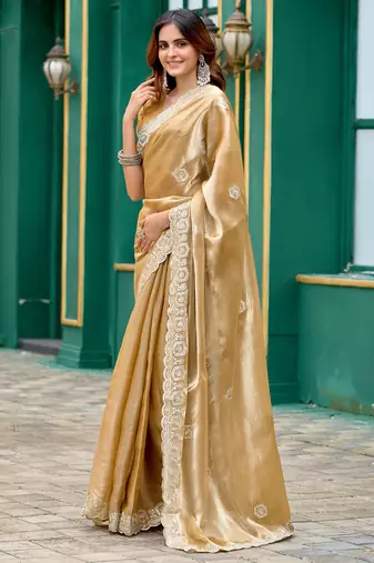 Beige shimmer chiffon geomatric embroidery work bollywood saree