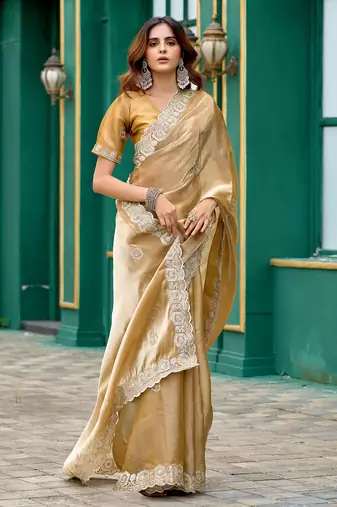 Beige shimmer chiffon geomatric embroidery work bollywood saree