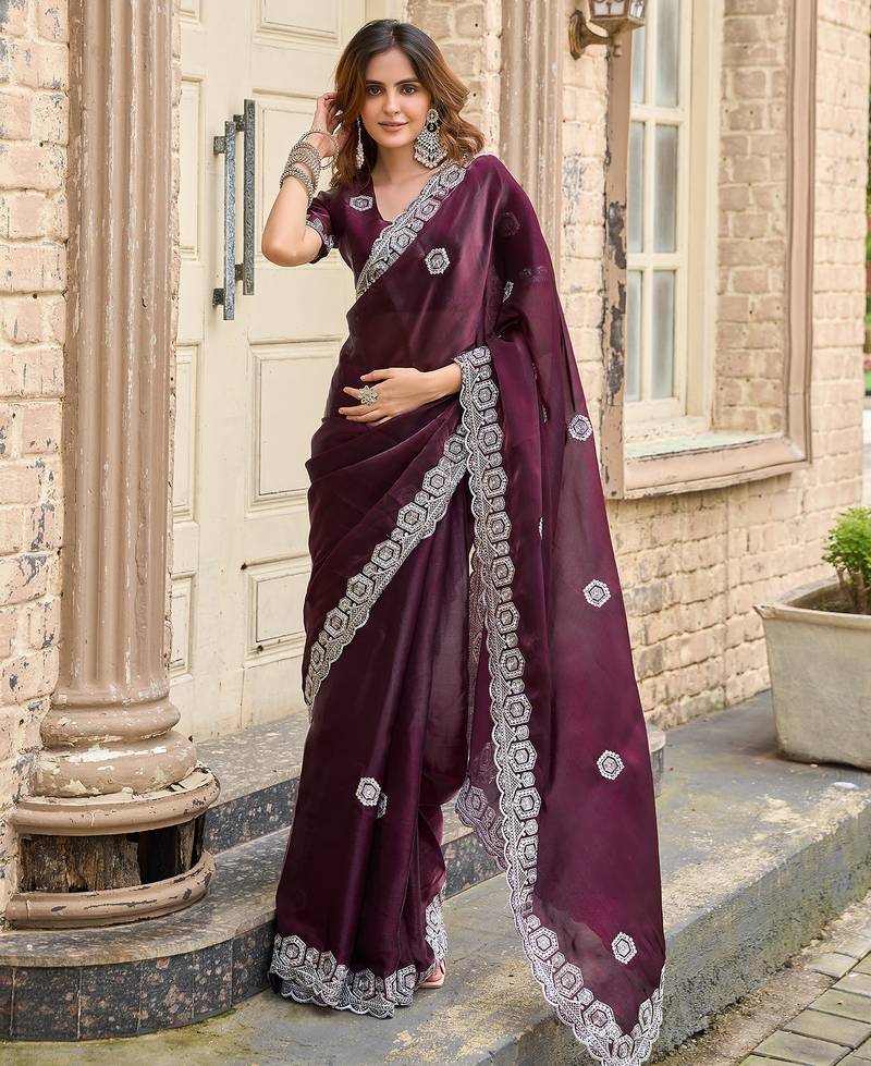 Wine shimmer chiffon geomatric embroidery work bollywood saree