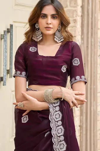 Wine shimmer chiffon geomatric embroidery work bollywood saree