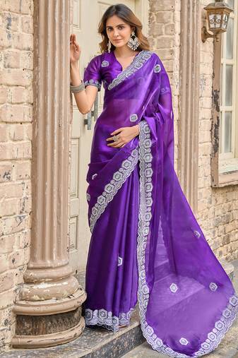 Violet shimmer chiffon geomatric embroidery work bollywood saree