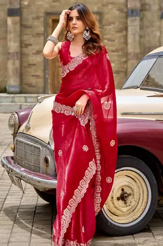 Red shimmer chiffon geomatric embroidery work bollywood saree
