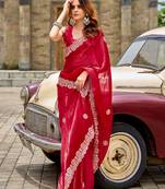 Red shimmer chiffon geomatric embroidery work bollywood saree