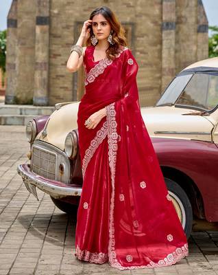 Red shimmer chiffon geomatric embroidery work bollywood saree 3