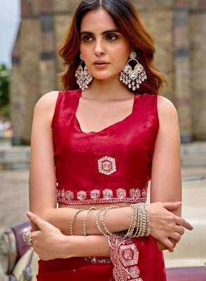 Red shimmer chiffon geomatric embroidery work bollywood saree 5
