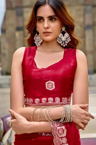 Red shimmer chiffon geomatric embroidery work bollywood saree
