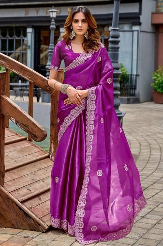 Purple shimmer chiffon geomatric embroidery work bollywood saree